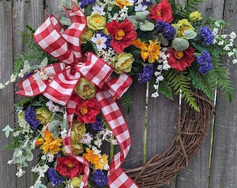 Spring Wreath, Spring/Summer Wreath, Spring Wreath with Bow,  Wildflower Wreath, Summer Wreath, Burlap Bow, Sunflower and Poppy Wreath