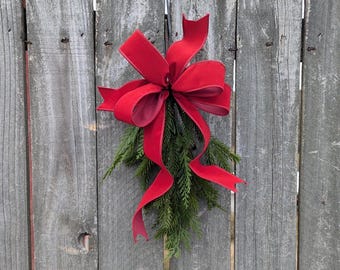 Christmas Lantern Swag, Tiny Swag, Winter Christmas Decor, Traditional bow with greenery, Wired velvet ribbon Ribbon Swag Velvet Baby*