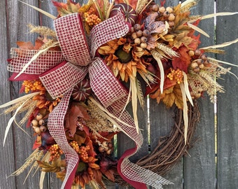 Fall Wreath, Fall Pumpkin Wreath, Fall Sunflower Wreath, Fall Bow Wreath, Halloween Thanksgiving Door wreath 243sku