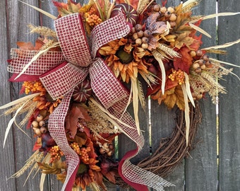 Fall Wreath, Fall Pumpkin Wreath, Fall Sunflower Wreath, Fall Bow Wreath, Halloween Thanksgiving Door wreath 243