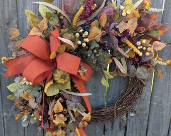 Fall Wreath, Fall Cream Berry Wreath, Rust, Brown, Fall Wreath for Door, Halloween and Thanksgiving Decoration, Housewarming Gift 410
