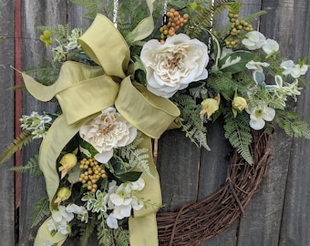 Spring Wreath - Wedding Ivory, White, Wreath Green Cream - Everyday Wreath, Door Wreath, Front Door Wreath 147