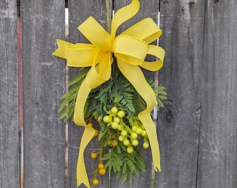 Yellow Bow with Greenery for Lantern, Lamppost, Back Door, Small Swag, Bright Vibrant Spring Summer Swag, Wreath or Lantern embellishment