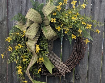 Spring Wreaths,  Front Door Wreath,  Forsythia Wreath, Front Door Wreath, Everyday Yellow Bell Wreath, Door Wreath, Wreath with Bow