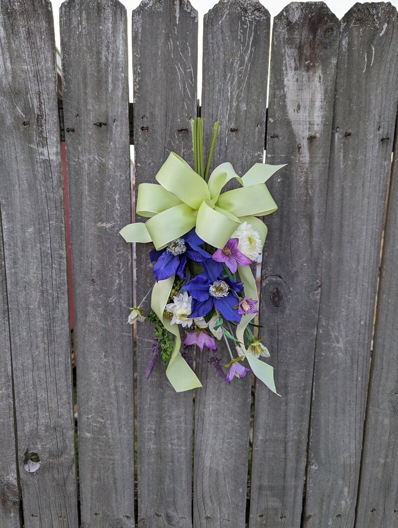 Spring Swag, Mini Swag, Bright Green Bow with Clematis, Swag for chair back, Purple Swag, Aisle Décor, Spring Wedding, Lantern Swag image 10