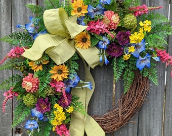Spring Wreath, Spring/Summer Wreath, Spring Wreath Bright Colorful, Wreath, Summer Wildflower Wreath, Spring Door Wreath 2023