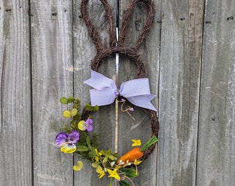 Easter Bunny Wreath, Small Rabbit Wreath Carrot, Lavender Purple Wreath, Grapevine Wall Hanger, Easter Decoration, Forsythia and Pansies