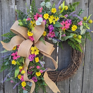 Door Wreath, Spring Door Wreath, Pink, Purple Yellow Daisies Wreath, Front Door Wreath, Mothers Day Gift, Wreath for Spring, Wreath 390