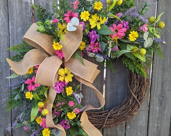 Door Wreath, Spring Door Wreath, Pink, Purple Yellow Daisies Wreath, Front Door Wreath, Mothers Day Gift, Wreath for Spring, Wreath 390