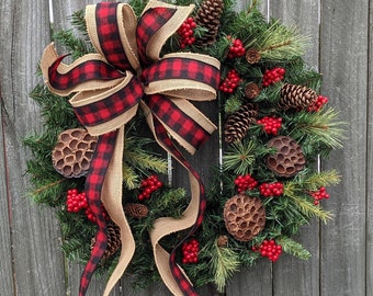 Christmas Wreath, Buffalo Check Burlap Wreath, Black and Red Check Natural  Christmas wreath, Red Berries, Christmas Pinecones and Pods 248