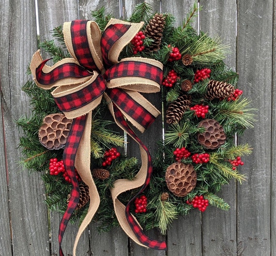 1 Pieces Christmas Bows Tree Topper Buffalo Plaid Bows Farmhouse Large Presents Check Bow Christmas Wreath Decoration Bow for Door Burlap Natural