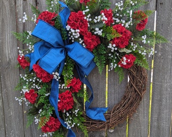 Patriotic Wreath, Red Geranium Wreath, USA Wreath, July 4th Wreath, United States Flag Wreath, Red White and Blue Wreath Limited Edition