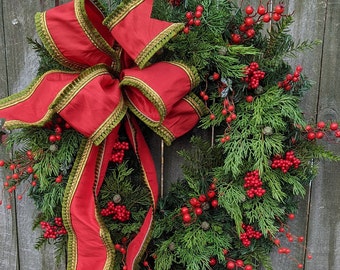 Christmas Wreath, Red and Green Wreath Natural Christmas wreath, Red Berries, Red Green Gold Unique Christmas 309