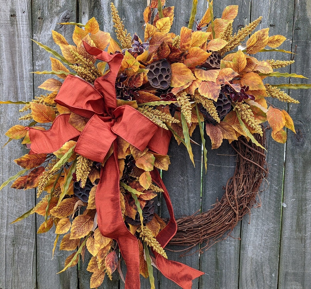Fall Wreath Fall Leaf Wreath Fall Pod Wreath Fall Rust Bow - Etsy