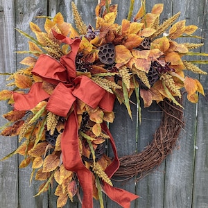 Fall Wreath, Fall Leaf Wreath, Fall Pod Wreath, Fall Rust Bow Wreath 283*