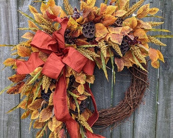 Fall Wreath, Fall Leaf Wreath, Fall Pod Wreath, Fall Rust Bow Wreath 283