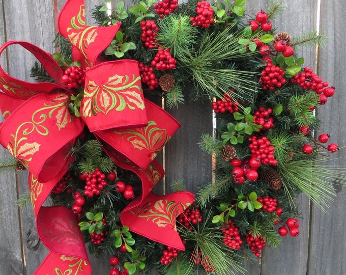 Christmas Red Wreath With Berries Christmas Wreath Red Berry Etsy