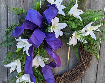 Easter Wreath, Easter Lilies Wreath, White Lilies, Wreath for Church Easter, Royal Purple Bow, He Is Risen Indeed, Purple White Easter 396