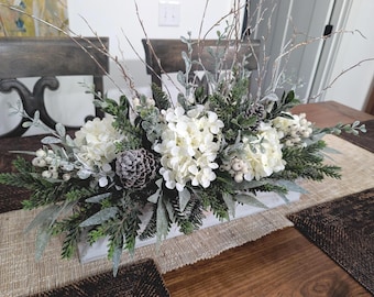 White Christmas Hydrangea Centerpiece, Rectangular, All winter long, Winter White, Farmhouse Crate Arrangement for Table, Mantle, Crate 28*