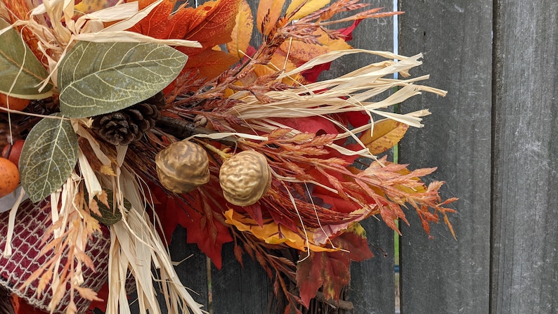 Fall Wreath, Fall Scarecrow Wreath, Fall Leaf Wreath, Fall burlap Wreath, Halloween Harvest Thanksgiving Wreath, Walnuts, Berry 241sku image 6