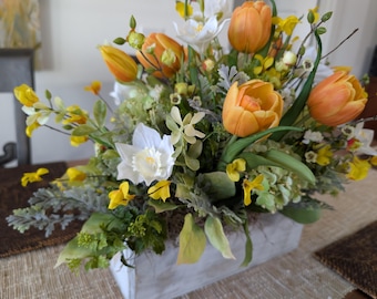 Spring Tulip Centerpiece, Rectangular Spring Easter Yellow Forsythia Daffodils, Wooden Container, Artificial Floral Arrangement Crate 40