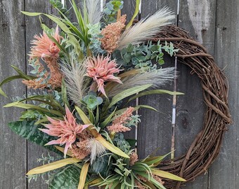 Tropical Wreath, Beach Wreath, Pale Pink Bromeliad, Grasses Wreath, Greenery Wreath, Pampas Grass Wreath LIMITED EDITION 398sku