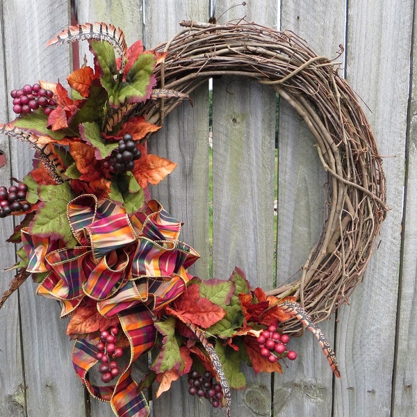 Fall Wreath for Door - Fall Grape leaf Wreath - Autumn leaves and Berries - Natural Fall Leaf Wreath - Wreath with Plaid Bow