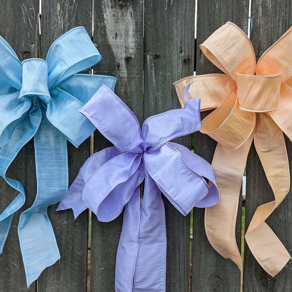 Bows, Peach bow, Lavender bow, Sky Blue Bow ribbon, Spring Elegant Wired Solid Color Bow, Wedding, Wreath, Peach, Light Purple, Blue