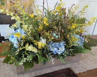Centerpiece with Nest, Spring and Summer Flower Crate Arrangement, Light Blue and Yellow Tall Rectangle Arrangement, Table Arrangement