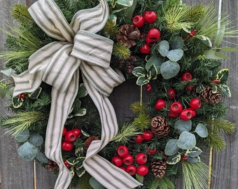 Christmas Wreath / Rustic Christmas Ticking Bow Christmas Wreath, Christmas Door Wreath with Farmhouse Wreath, Green bow, Christmas Wreath