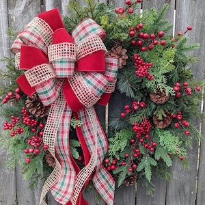 Primitive Christmas / Holiday Wreath - Burlap Textures, Unique Burlap Wreath, Plaid, Berries Designer Holiday Decor 254