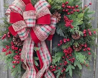 Primitive Christmas / Holiday Wreath - Burlap Textures, Unique Burlap Wreath, Plaid, Berries Designer Holiday Decor 254