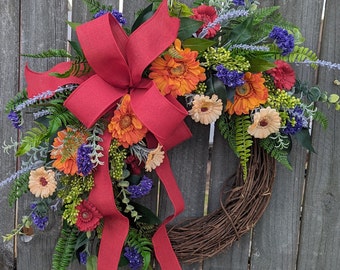 Spring Wreath Summer Wreath Red Orange Purple Bright Colors Wreath Wreath for Door Home Decor Wreath Grapevine Wreath Etsy Horns 384