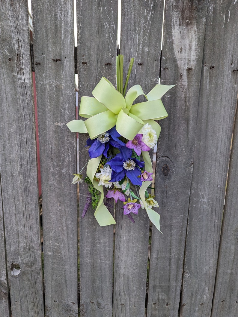 Spring Swag, Mini Swag, Bright Green Bow with Clematis, Swag for chair back, Purple Swag, Aisle Décor, Spring Wedding, Lantern Swag image 3