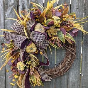 Fall Wreath, Fall Berry Wreath, Fall Leaf Wreath, Fall Pumpkin Bow Wreath, purple 293