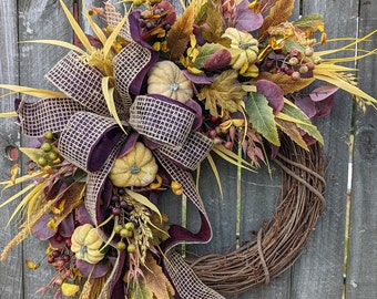 Fall Wreath, Fall Berry Wreath, Fall Leaf Wreath, Fall Pumpkin Bow Wreath, purple 293