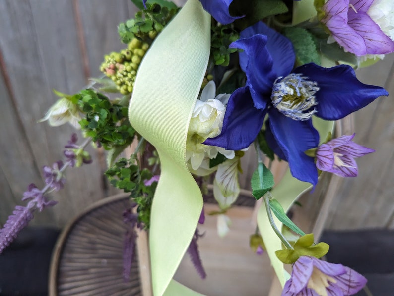 Spring Swag, Mini Swag, Bright Green Bow with Clematis, Swag for chair back, Purple Swag, Aisle Décor, Spring Wedding, Lantern Swag image 5