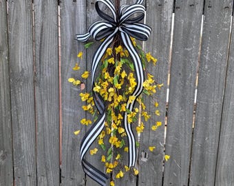 Spring Forsythia Swag,  Black and White Stripe Spring Spring Yellow Bell Swag,  Yellow Flower, Wreath Alternative