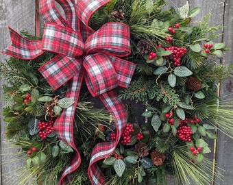 Christmas Wreath, Holiday Wreath, Plaid Pine Wreath, Eucalyptus, Berries, Front Door Wreath, Front Door, Christmas Wreath, Rustic 2023