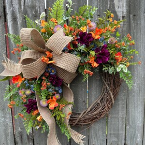 Spring Wreath, Spring Orange Wreath, Deep Purple Dalias Wreath, Front Door Wreath, Mothers Day Gift, Wreath for Spring, Wreath 331