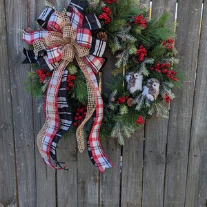 Christmas Wreath, Holiday Wreath, Owl Wreath, Black, White Plaid ribbon, Front Door Wreath, Front Door, Red Berries, Christmas Wreath 304 image 10