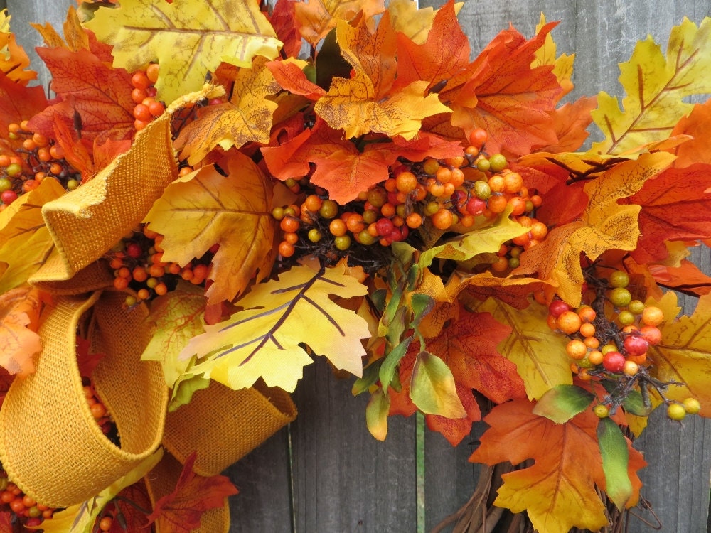 Fall Wreath, Fall Oak Leaf Wreath, Fall Leaves, Burlap Wreath, Natural