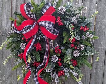 Christmas Wreath, Holiday /Christmas Door Wreath, Optional Cardinals, Snowy Black and White Bow, Red Velvet Christmas Wreath 377