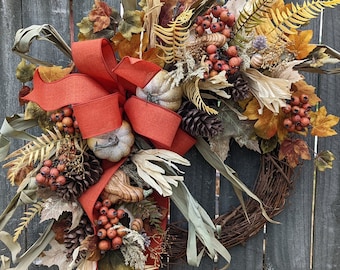 Fall Wreath, Fall Harvest Wreath, Fall Pumpkin and Gourd Wreath, Fall Rust Bow Wreath, Brown, Rust, Cream, Corn Husk