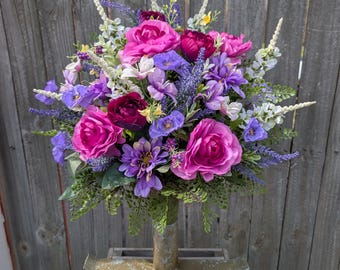 Memorial Vase Insert, Vibrant Colors, Vase Cone Insert Filler Arrangement, one-sided, spring Summer Cemetery Cone, purple pink white