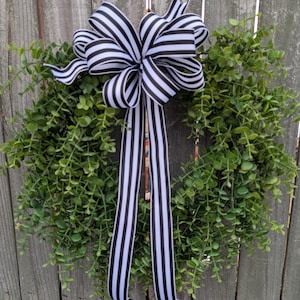 Wreath, Everyday Wreath with Black and White Ribbon, Classic Black and White Stripe, Eucalyptus Wreath