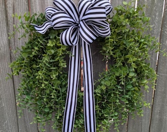 Wreath, Everyday Wreath with Black and White Ribbon, Classic Black and White Stripe, Eucalyptus Wreath