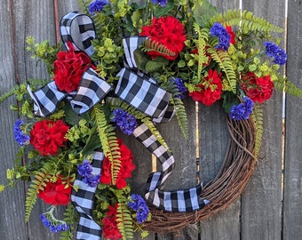 Wreath, Spring Buffalo Check Wreath, Red and Purple Wreath, Black and White Wreath, Mother's Day Gift, Wreath for Spring and Summer 229