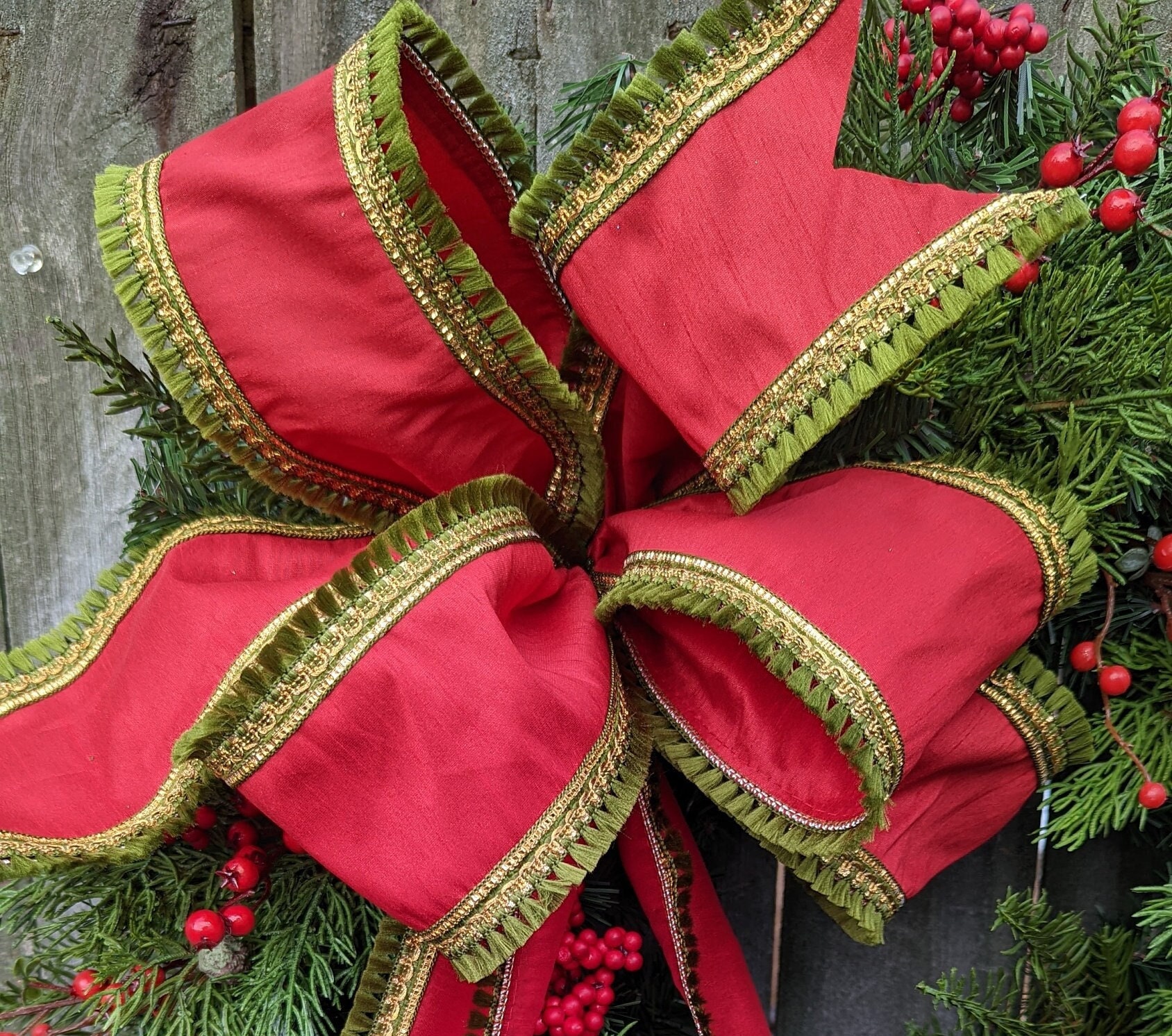 Christmas Bow, Christmas Ribbon for Wreath Bow,Red, Sage Green, gold  detail, Elegant ribbon, Wreath Bow Only, Unique, Fancy Bow