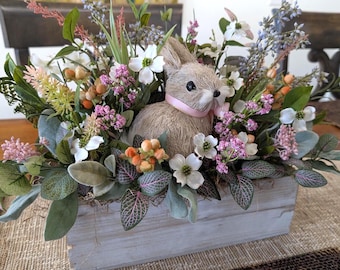 Easter Planter Box, Bunny Artificial Floral Centerpiece, Table Arrangement for Easter, Easter Bunny Rabbit Planter Arrangement, Rectangular